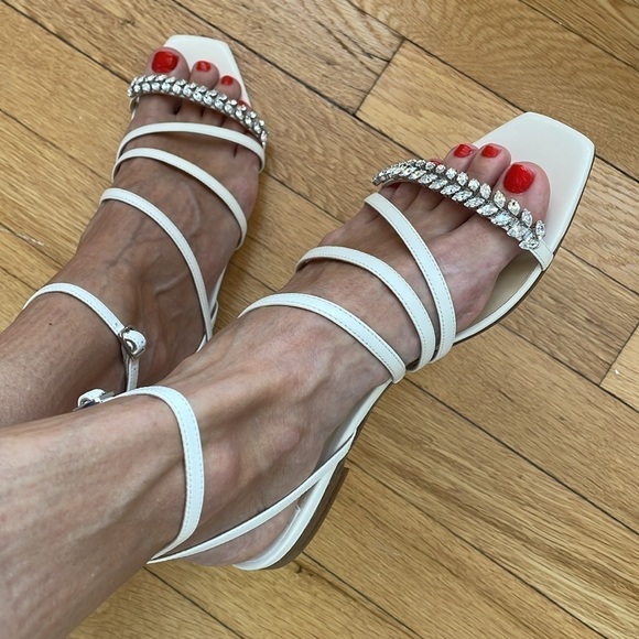 NWT JIMMY CHOO Maesie Embellished Leather Sandals Cream Ecru White Crystal - 5 - Picture 14 of 14